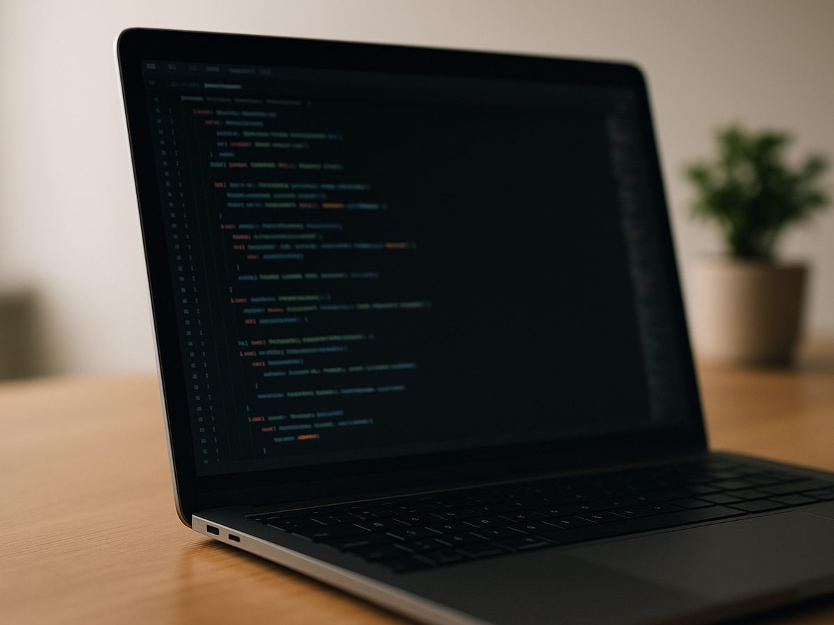 A laptop on a desk showing code in an editor.
