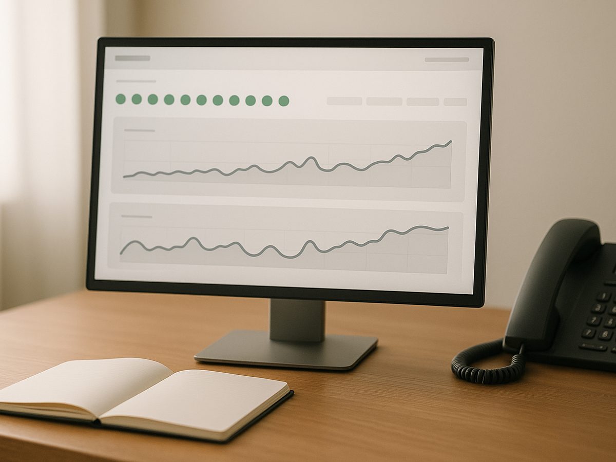 A monitor showing an uptime dashboard with every service green, and a desk phone within reach.