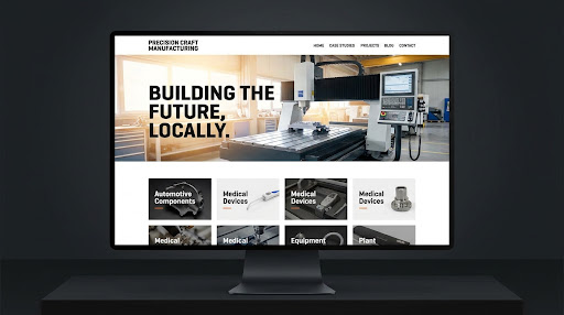 A manufacturing company website displayed on a high-resolution screen.