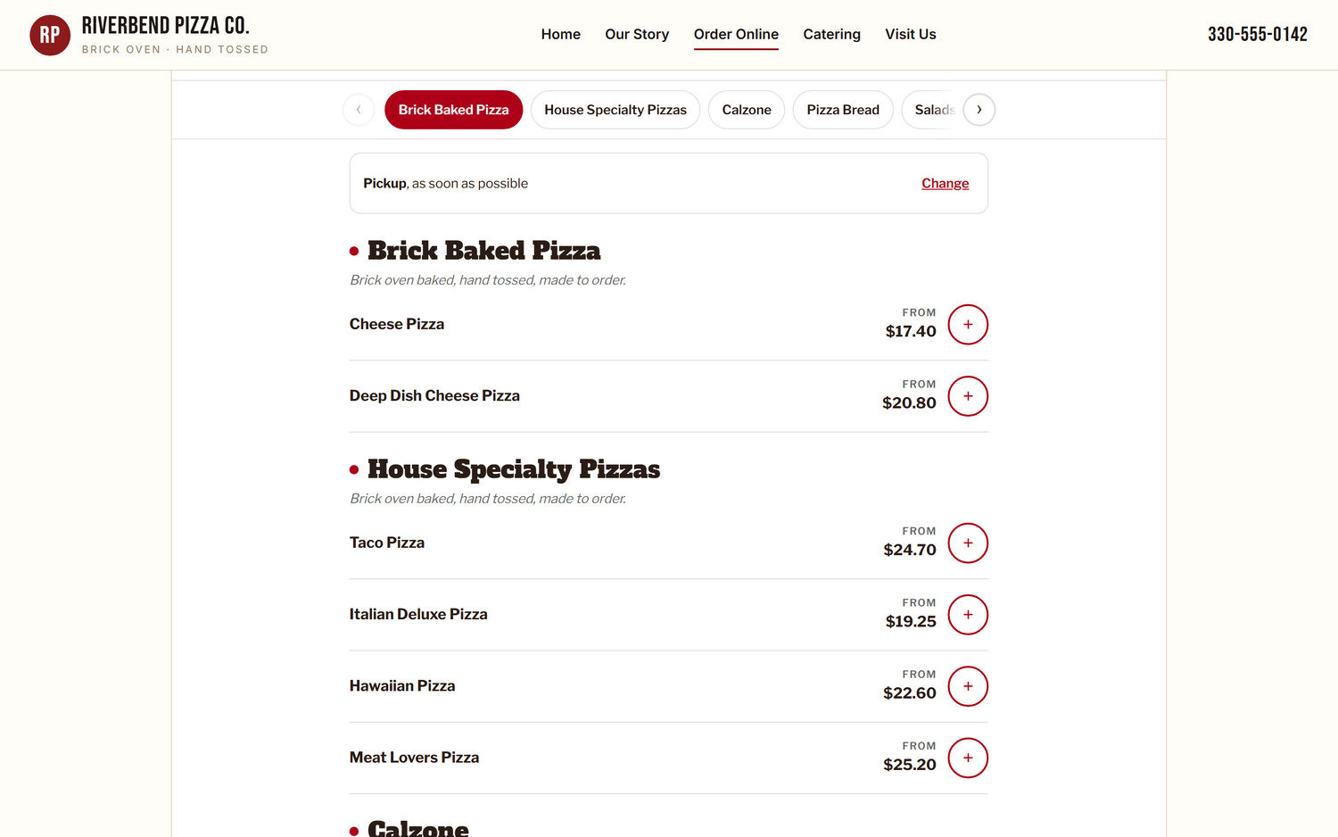 A pizzeria's own website with its own logo, navigation and phone number, and the Zabtek ordering menu rendered inside the page.