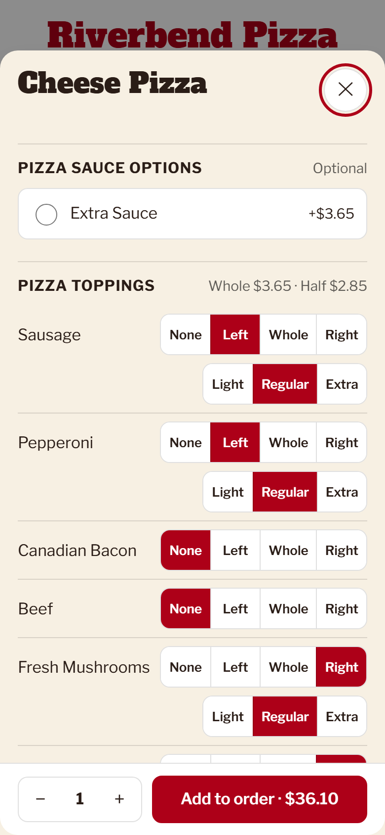 The item builder on a phone: every topping offers None, Left, Whole or Right, and then Light, Regular or Extra, with the whole and half prices shown.