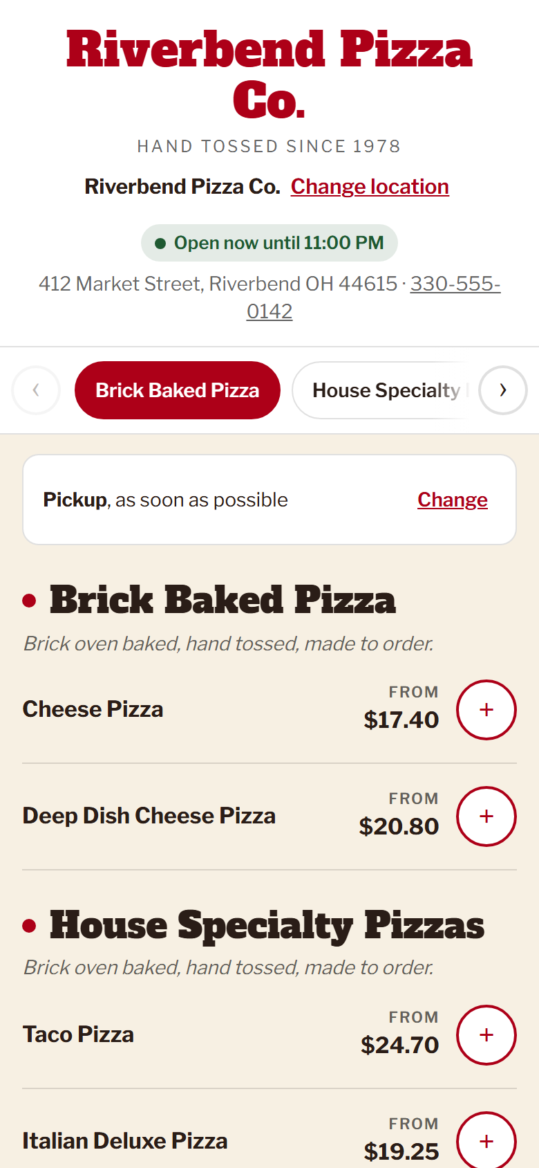 The ordering page on a phone: category tabs and a priced menu in the restaurant's own colours.