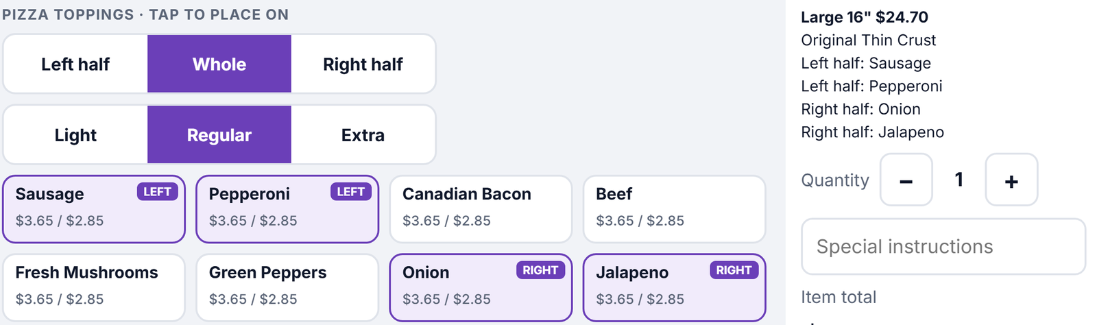 The register's topping controls: Left half, Whole, Right half above Light, Regular, Extra, with topping tiles carrying LEFT and RIGHT chips, and a summary listing each half's toppings.