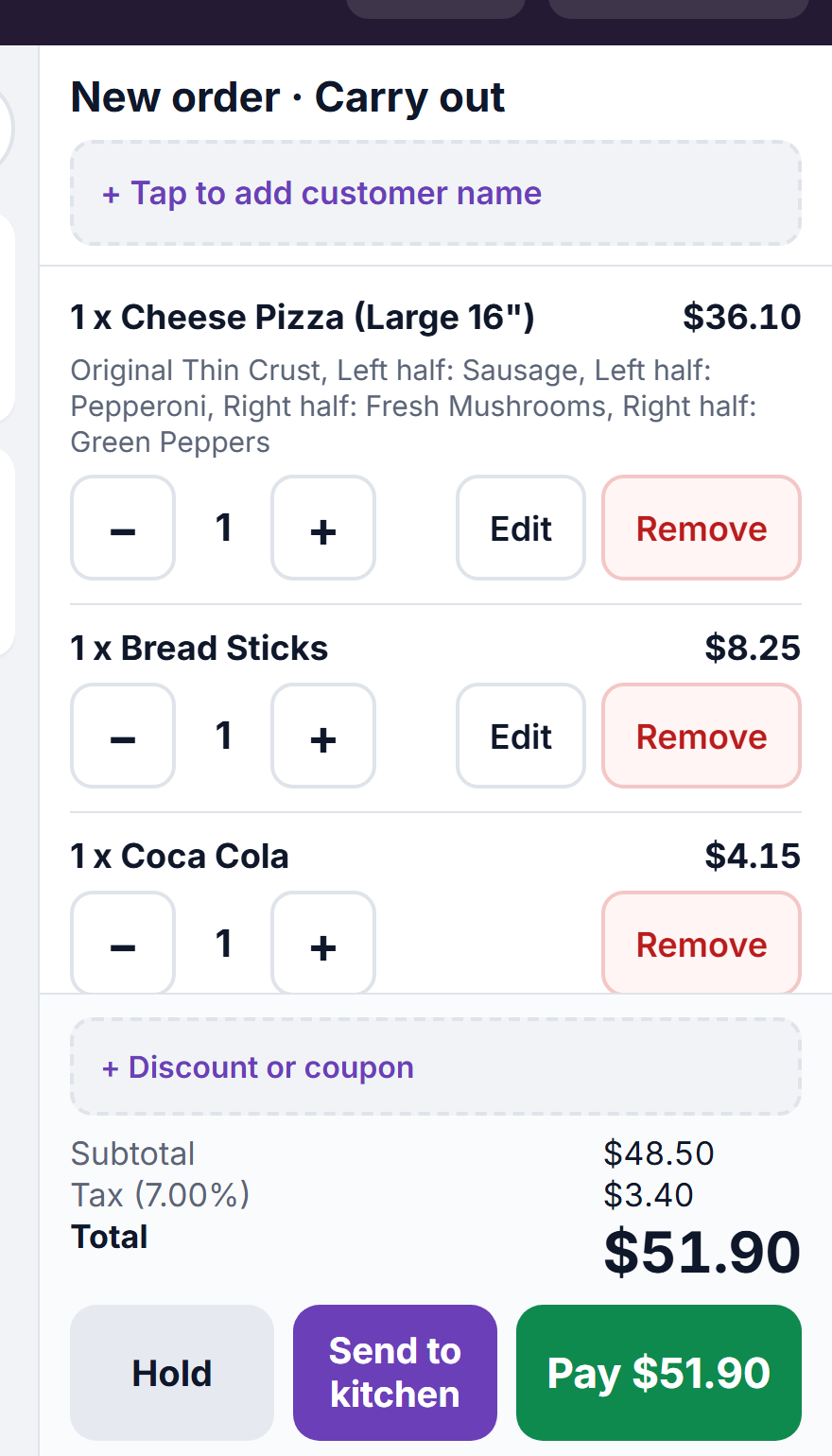 The register ticket: a large cheese pizza with sausage and pepperoni on the left half and mushrooms and peppers on the right, bread sticks, a drink, subtotal, tax and a $51.90 total.