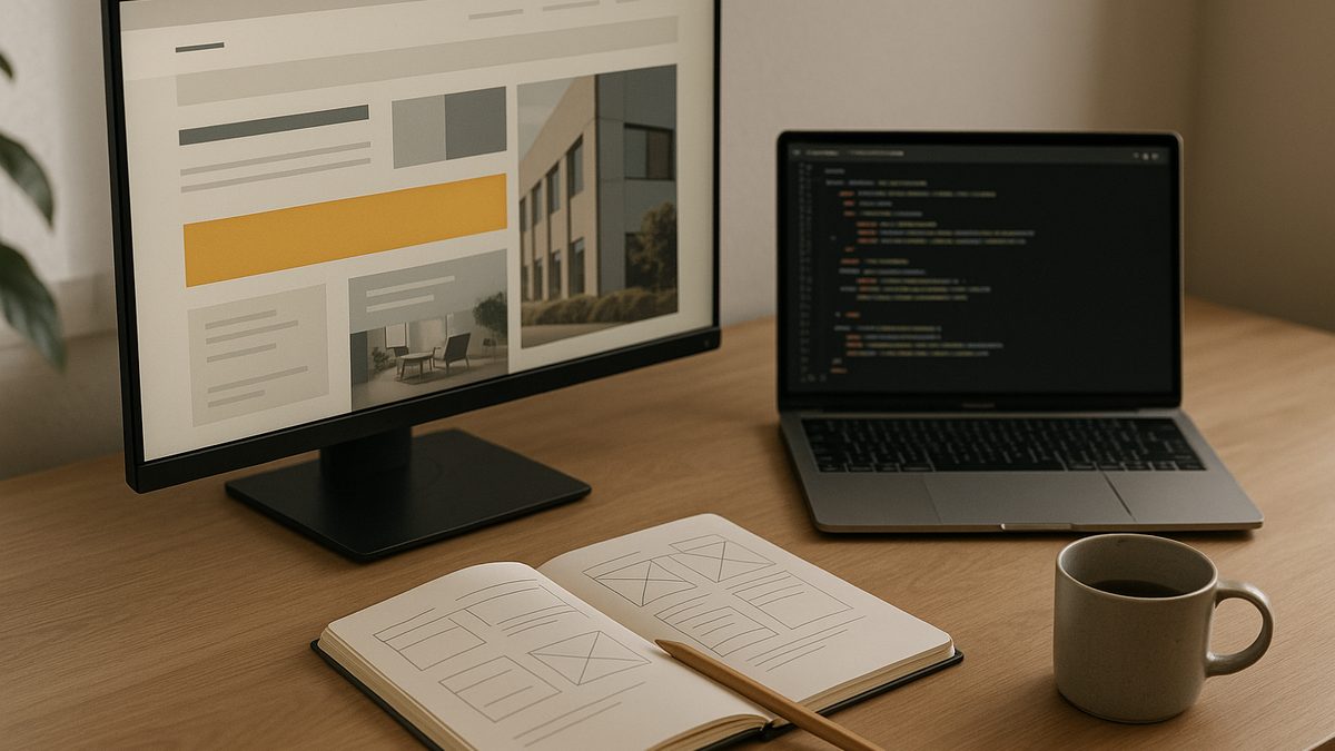 A design studio desk: a website layout on a large monitor, code on a laptop beside it, and wireframe sketches in a notebook.