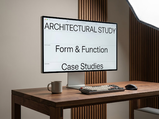A web design laid out on a desktop monitor, showing a clean typographic layout.